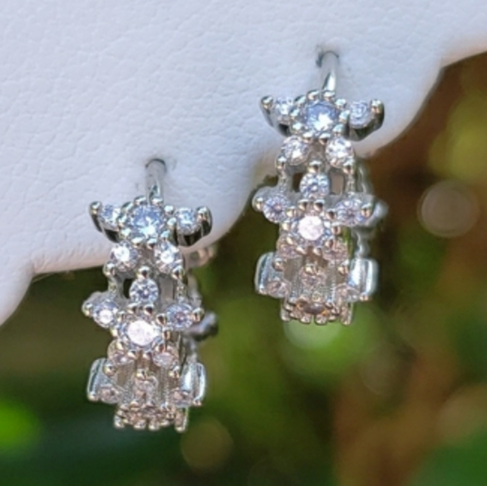 925 STERLING SILVER SPARKLY DOUBLE-SIDED CRYSTAL DIAMOND ZIRCON CZ FLOWER HOOPS☆
